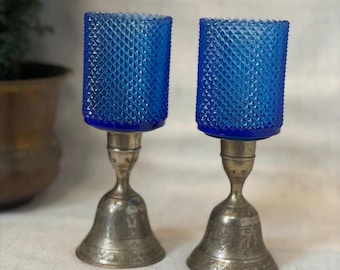 Vintage Blue Glass Peg Votive Holders with Silver-Toned Bell Candle Stick Holders