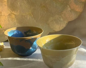 Vintage Tea Cups Set of Two Gold and Blue