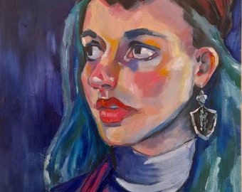 Portrait wearing Juju Earrings - oil painting