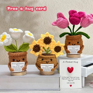 Emotional Crochet Sunflower/Tulip/Lily of Valley Potted Plants,Free a hug card,Crochet Flowers,Desk Decor,Wedding Gift,Gift For Boss/Teacher