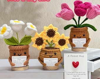 Emotional Crochet Sunflower/Tulip/Lily of Valley Potted Plants,Free a hug card,Crochet Flowers,Desk Decor,Wedding Gift,Gift For Boss/Teacher