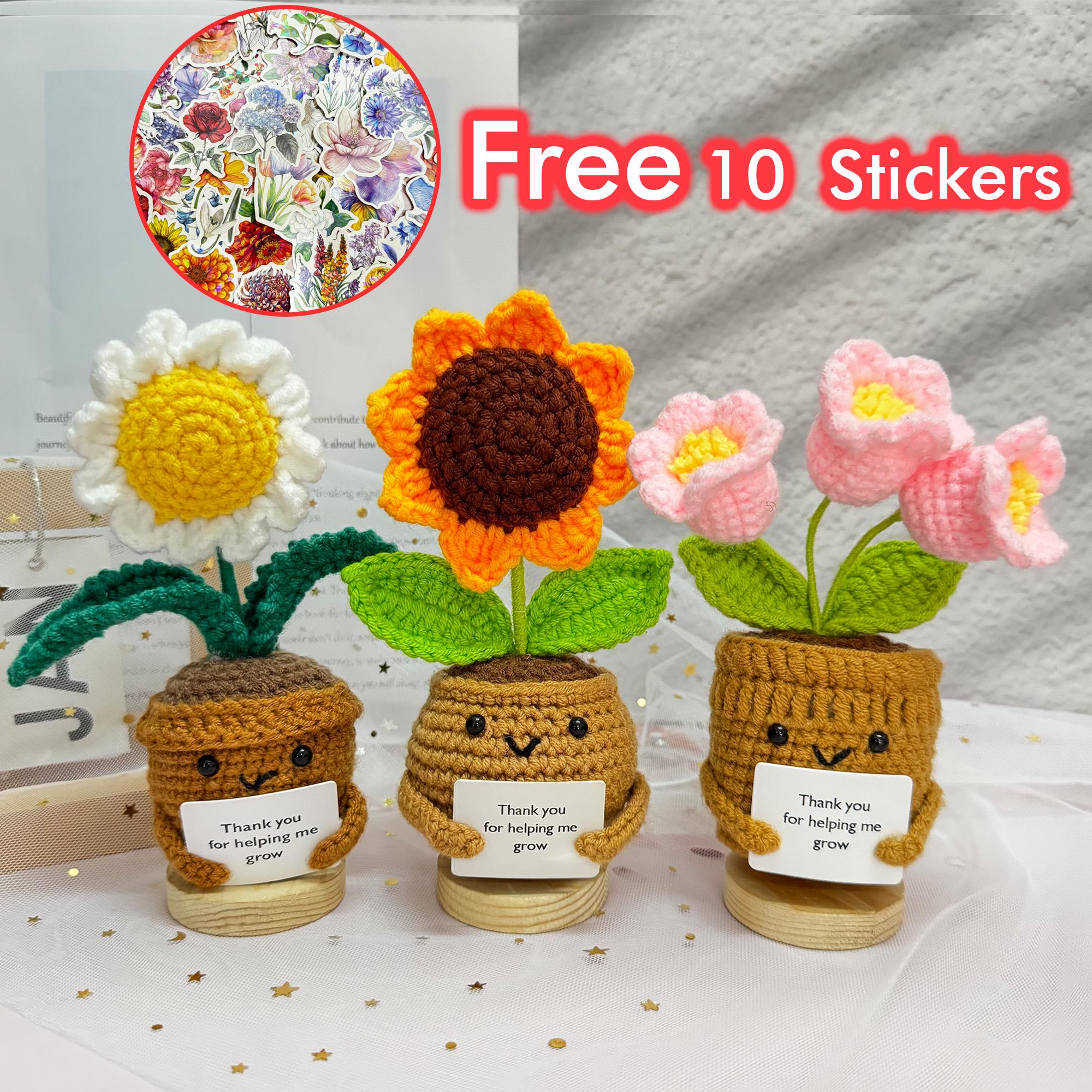 Hanamade Crochet Sunflower,Daisy,Lily Of The Valley Plant,Free 10 Stickers,Crochet Flower,Flowers in Pot,Thank you Gift For Teacher/Coworker