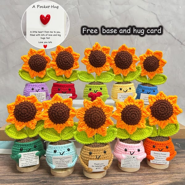Emotionele steun Gehaakte zonnebloem, zakknuffel, zonnebloemen in kleurrijke potten, bedankt, bureaudecoratie, verjaardag, cadeau voor haar, Moederdagcadeau