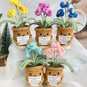 以下が含まれることがあります： 笑顔の顔と「Emotional Support Plant Life can be tough sometimes, but remember so are you!」というテキストが書かれた、編まれた鉢植えの植物が5つあります。植物は、黄色、ピンク、青、水色、ピンクの異なる色をしています。