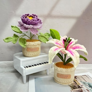 Handmade Crochet Lily & Peony Potted Plants,White Lily in Pot,Crochet Plants,Crochet Home Decor,Elegant Floral Decor,Birthday/Thank You Gift