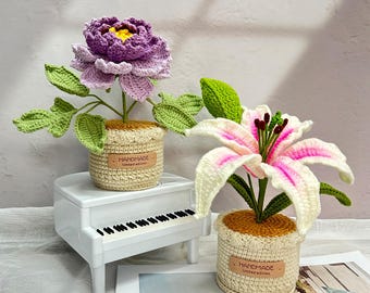 Handmade Crochet Lily & Peony Potted Plants,White Lily in Pot,Crochet Plants,Elegant Floral Home Decor,Birthday/Wedding Gifts,Gift For her