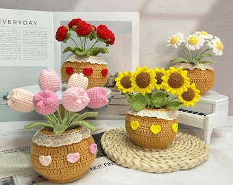 Girasole, rosa, margherita, tulipano in vaso fatti a mano all'uncinetto, fiore all'uncinetto, girasole positivo, pianta positiva all'uncinetto kawaii, regali per lei/lui