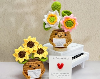 Handmade Crochet Sunflower & Lotus Potted Plants,Free a hug card,Emotional Support Plants,Sunflower in Pot Crochet,Desk Decor,Gifts For Her