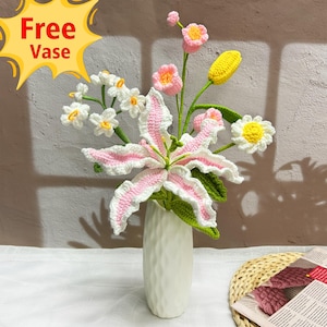Handgefertigter Häkelblumenstrauß, gehäkelte Muttertagsblumen, Blumendekor, Pfingstrose, Gänseblümchen, Tulpe, Muttergeschenke, gestrickter Blumenstrauß Rosa