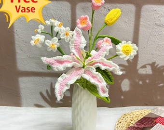 Handmade Crochet Flower Bouquet,Crochet Mother&#39;s Day Flowers,Flower Décor,Peony,Daisy,Tulip,Mom Gifts,Knitted Flower Bouquet Pink