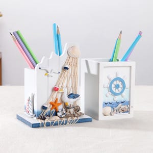 Custom Ocean Style Wooden Pen Holder Personalized, Irregular Shape, Engraved Text & Patterns, Birthday Gift for Him Desk Decor,Mediterranean