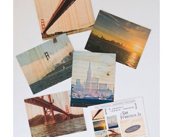 Postcard Set #1 - 5 Iconic San Francisco Images, Distressed Photo Transfers onto Wood