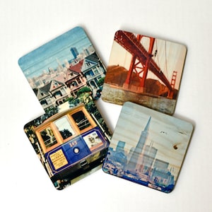 San Francisco Landmarks Coasters Set 1: Distressed Photo Transfers on Wood image 1