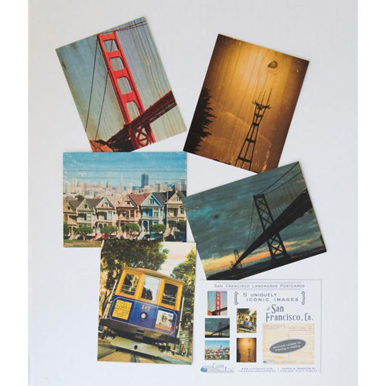 Postcard Set 2 5 Iconic San Francisco Images, Distressed Photo Transfers onto Wood image 1