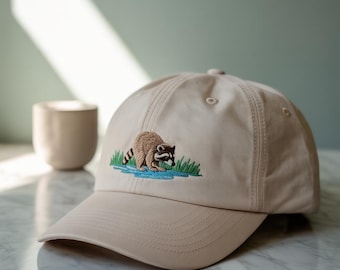Mit Waschbären bestickte Baseballkappe - Lustige Wildtier-Vater-Hut, verstellbares Unisex-Naturgeschenk, 6 zweifarbige Farboptionen für Sie und Ihn