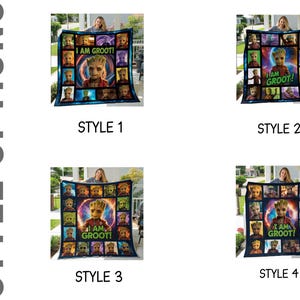 May include: A dark blue blanket featuring multiple images of Groot from Guardians of the Galaxy. The blanket has the phrase "I AM GROOT!" in the center. The blanket is available in four different styles.
