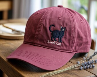 Black Cat Embroidered Hat – Stylish Raised Stitch Design – Cute Animal Lover Baseball Cap – Casual Everyday Wear