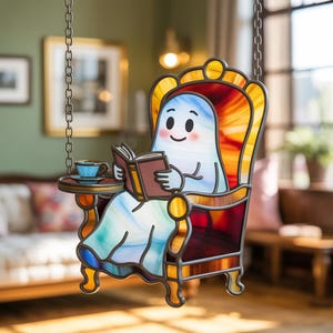 May include: Stained glass art piece depicting a friendly ghost reading a book while seated in a decorative armchair. The ghost is white with a blue head and rosy cheeks. A small table holds a teacup. The chair is red, orange, and yellow.