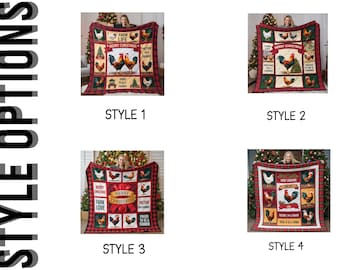 May include: A Christmas-themed blanket with a red and black plaid border. The blanket features images of chickens and roosters, with text that reads "Farm Life", "Merry Christmas", and "Pretend I'm a Farmer".