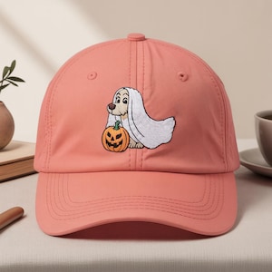 Premium Embroidered Ghost German Shepherd Dad Hat – Spooky Halloween Ghost Dog Cap – Adjustable Unisex Cotton Hat