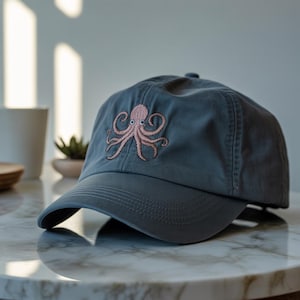 Octopus Embroidered Baseball Cap – Adjustable Unstructured Low‑Profile Cotton Cap with Kraken Motif – Ocean Lover Gift