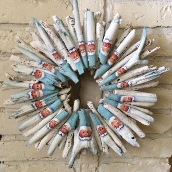 unique aqua turquoise blue beach welcome santa drift wood Christmas wreath