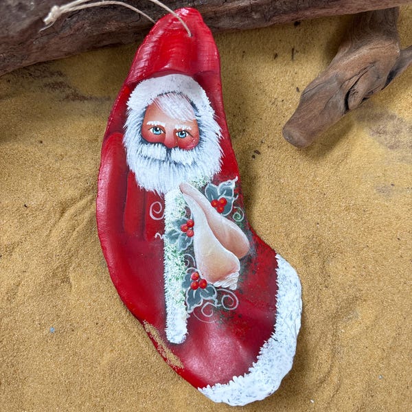 Sea shell oyster red Santa holding a sea shell Christmas at the beach shabby beach tree #6008