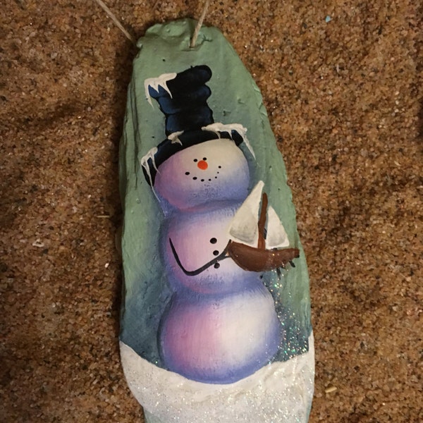 Shabby cottage sea glass green sparkling snowman oyster shell ornament with sailboat #603