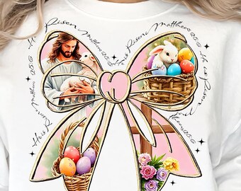 He Is Risen, Easter Coquette Bow, Retro Bunny, Floral Spring, Pink Easter PNG