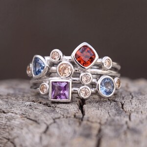 Statement Cluster Ring | Multi-Stone Layered Bands, Purple Red Gemstones (Wedding Anniversary Gift)