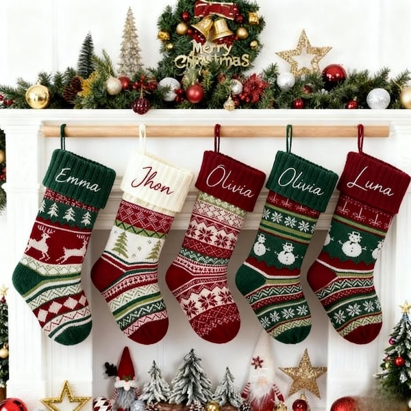 Personalized Christmas Stockings, Knitted Embroidered Style with Custom Name, Christmas Decoration Gift, Xmas Decoration, Christmas Decor