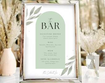 Olive Leaf Bar Menu Sign Template, Wedding Drink Menu, Event Bar Menu, Wedding Signage, Signature Drink, Canva Template, Printable Bar Menu