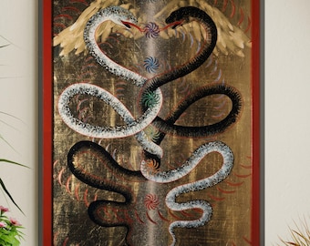 Alchemical Snake Art Print, Hermetic Occult Poster, Esoteric Gold Wall Art
