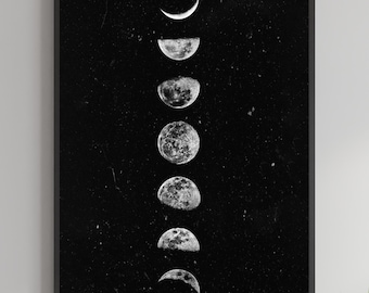 Póster enmarcado de las fases lunares, arte mural del ciclo lunar en blanco y negro