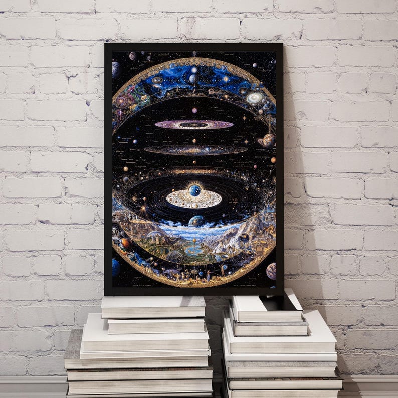 Op de afbeelding: Een ingelijste poster met een gedetailleerde illustratie van het universum, met planeten, sterren en sterrenstelsels in een cirkelvormig ontwerp. De poster is omgeven door een zwarte lijst en wordt tentoongesteld op een plank met boeken.