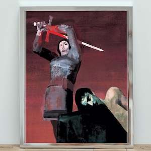 May include: Framed artwork depicting a figure in armor raising a sword with red accents, poised above a fallen figure. The painting features a dark red background and a somber, dramatic tone.