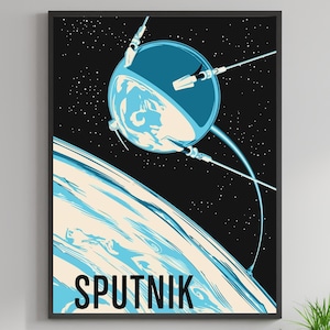 SPUTNIK Framed Poster, Retro Space Wall Art, Midcentury Space Print, Space Poster, Satellite Illustration, Astronomy Wall Art, Gallery Wall
