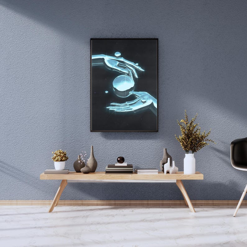 May include: A framed abstract art print featuring two hands reaching towards a glowing orb. The hands are rendered in a translucent blue, and the orb is a bright white. The background is a dark, almost black, color. The print is hanging on a wall above a wooden shelf with decorative objects.
