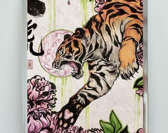 Japanese Tiger Art Print – Tattoo Style Floral Animal Poster