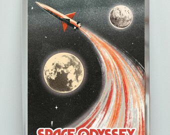 Póster enmarcado de Odisea del Espacio, cohete retro, arte mural de ciencia ficción de mediados de siglo