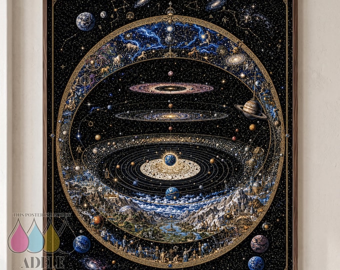 Highly Detailed Fantasy Celestial Map Poster, Zodiac Wall Art, Maximalist Decor