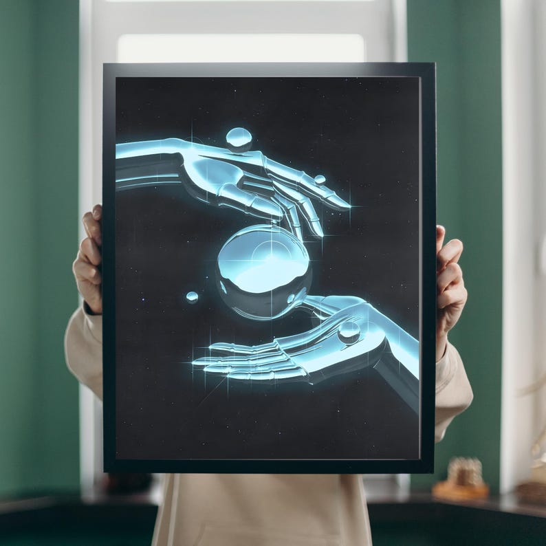 May include: A digital art print featuring two metallic hands holding a glowing orb in the center. The hands are rendered in a futuristic style with a silver finish. The background is a dark blue with a subtle starry pattern.