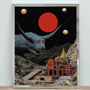 Póster de monstruo de fantasía oscura: Arte gótico de la luna roja