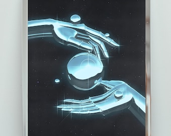 Cyberpunk Poster, Vaporwave Robot Hands, Retro Futuristic Art