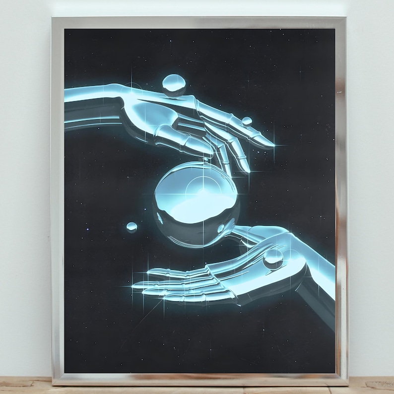 May include: Two metallic hands reach out to hold a glowing orb in a dark, starry background. The hands are silver and the orb is a bright blue.