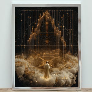 The Library of Time Poster, Cosmic Architecture Print, Futuristic Sci-Fi Wall Art, Mystical Golden Blueprint, Surreal Fantasy Artwork