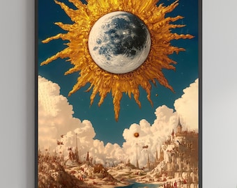 Sun & Moon Framed Poster, Vintage Celestial Wall Art