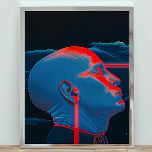 Neon Psyche Abstract Art Print, Futuristic Portrait Wall Decor, Bold Red and Blue Artwork, Surreal Face Illustration, Cyberpunk Poster