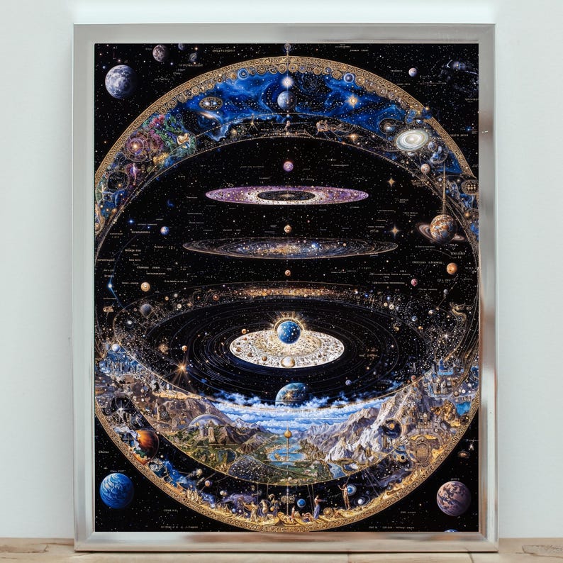 Op de afbeelding: Een gedetailleerde illustratie van het universum, met daarin planeten, sterren, sterrenstelsels en nevels in een cirkelvormig ontwerp. De afbeelding heeft een zwarte achtergrond met gouden accenten en een verscheidenheid aan kleuren, waaronder blauw, paars en rood.
