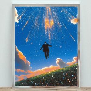 Impresión artística de Higher Dreamscape, póster de cielo cósmico, decoración de pared de fantasía surrealista, ilustración vibrante de noche estrellada, obra de arte, decoración estética